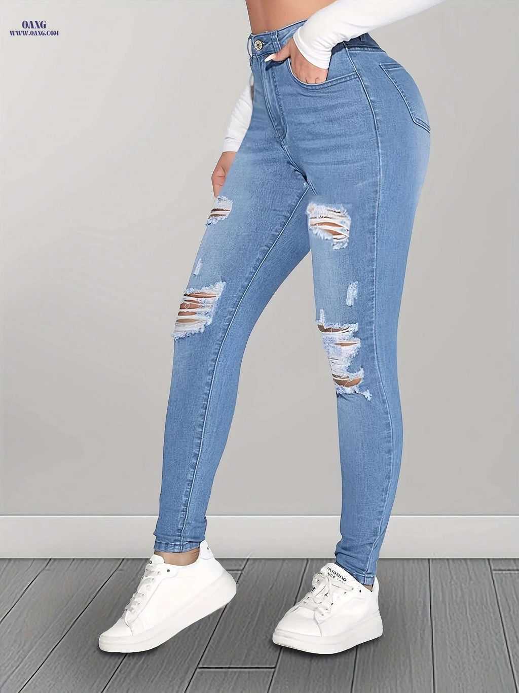Light Blue Ripped Skinny Pants - Stretchy Denim, Elegant Style   OAXG Sky Blue / XS