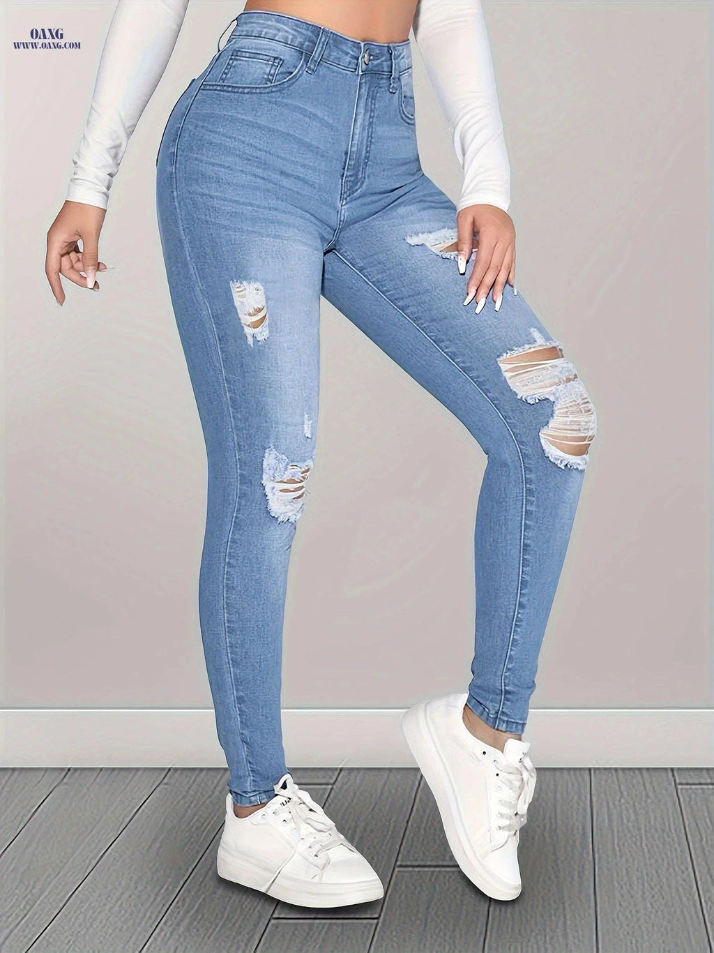 Light Blue Ripped Skinny Pants - Stretchy Denim, Elegant Style   OAXG Sky Blue / XS