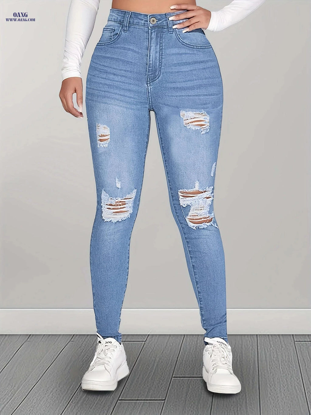 Light Blue Ripped Skinny Pants - Stretchy Denim, Elegant Style   OAXG Sky Blue / XS