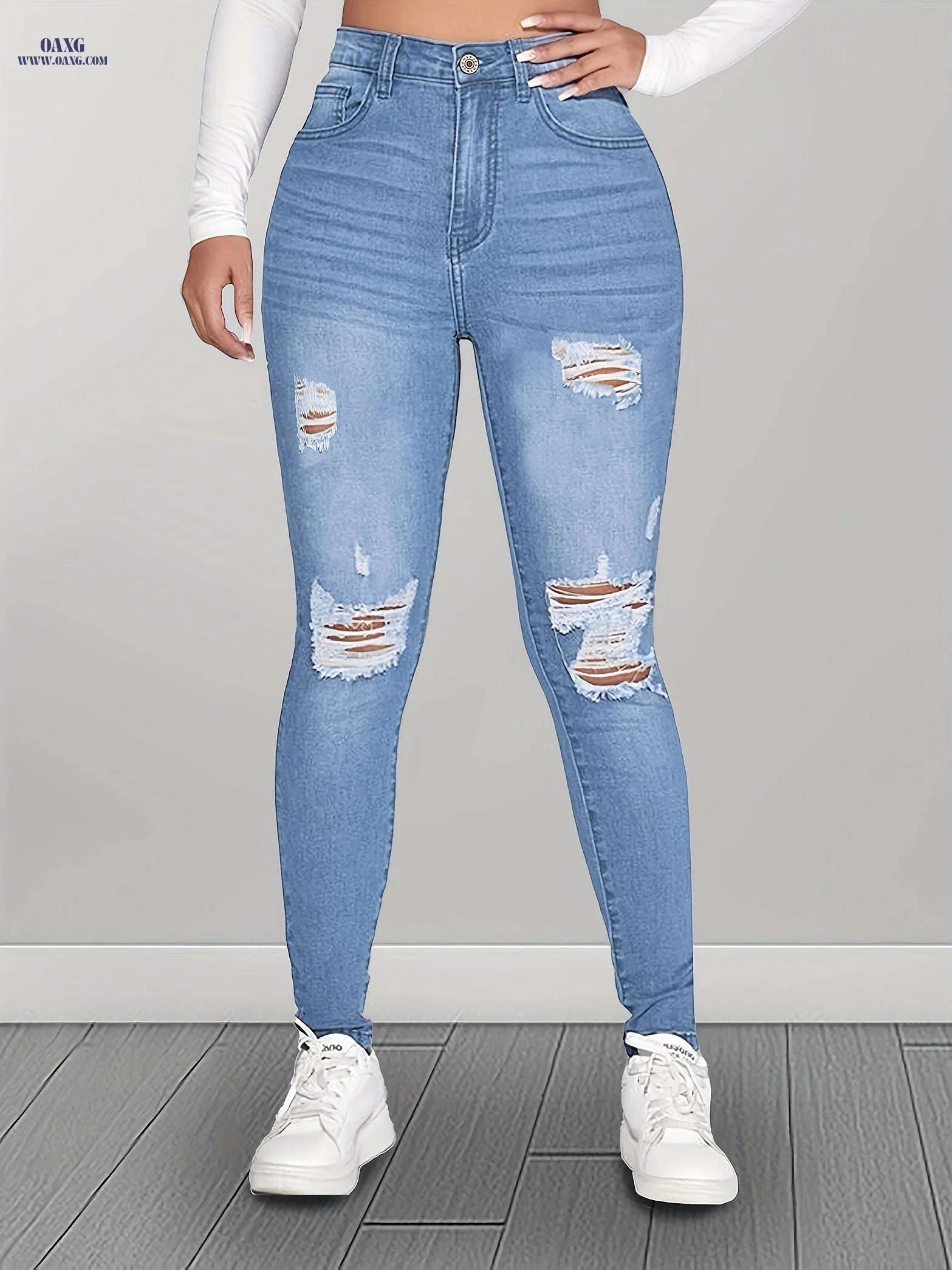 Light Blue Ripped Skinny Pants - Stretchy Denim, Elegant Style   OAXG Sky Blue / XS