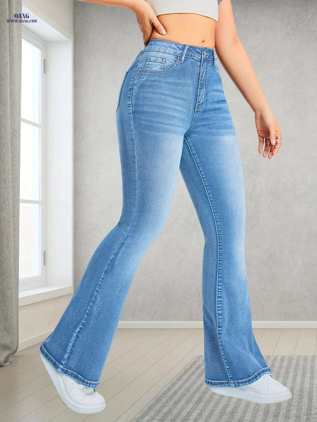 Light Blue Stretchy Flared Jeans for Women - High Waist, Casual Fit   OAXG 