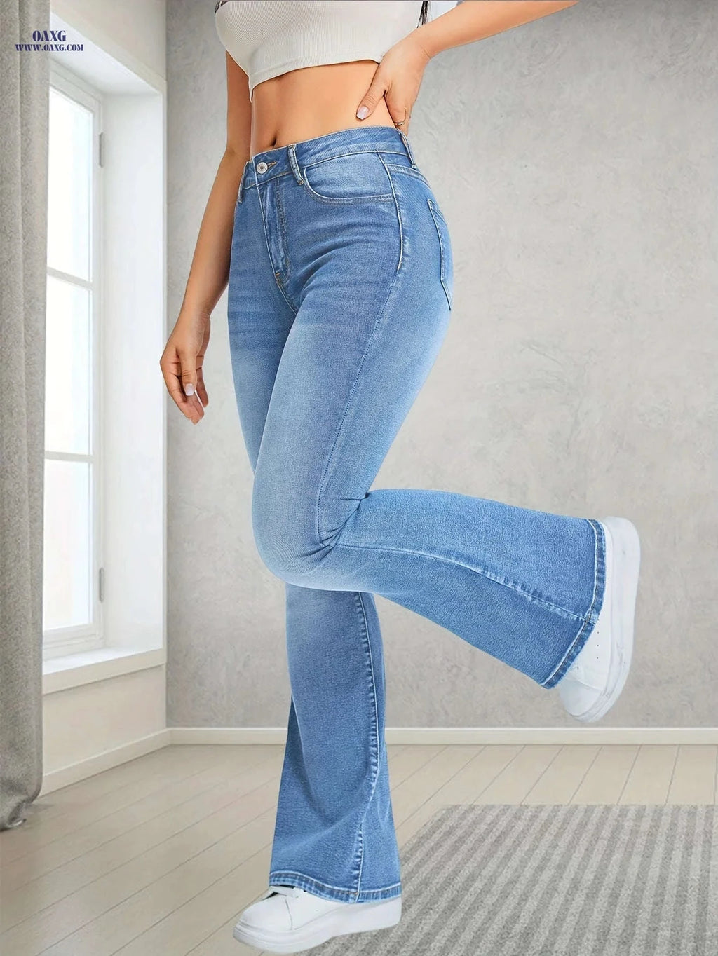 Light Blue Stretchy Flared Jeans for Women - High Waist, Casual Fit   OAXG Light Blue / XS