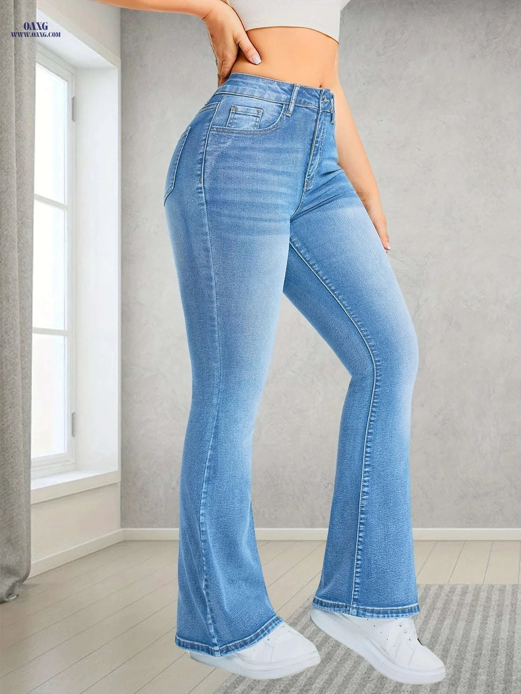 Light Blue Stretchy Flared Jeans for Women - High Waist, Casual Fit   OAXG Light Blue / XS