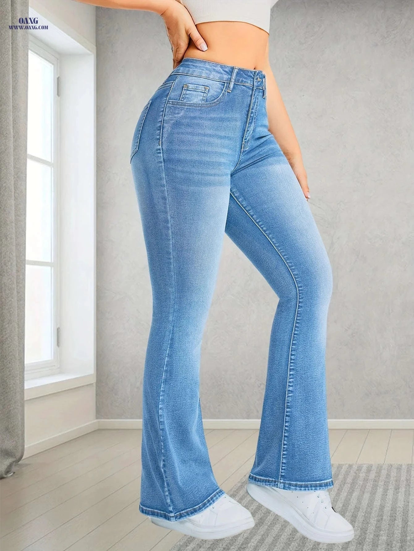Light Blue Stretchy Flared Jeans for Women - High Waist, Casual Fit   OAXG Light Blue / XS