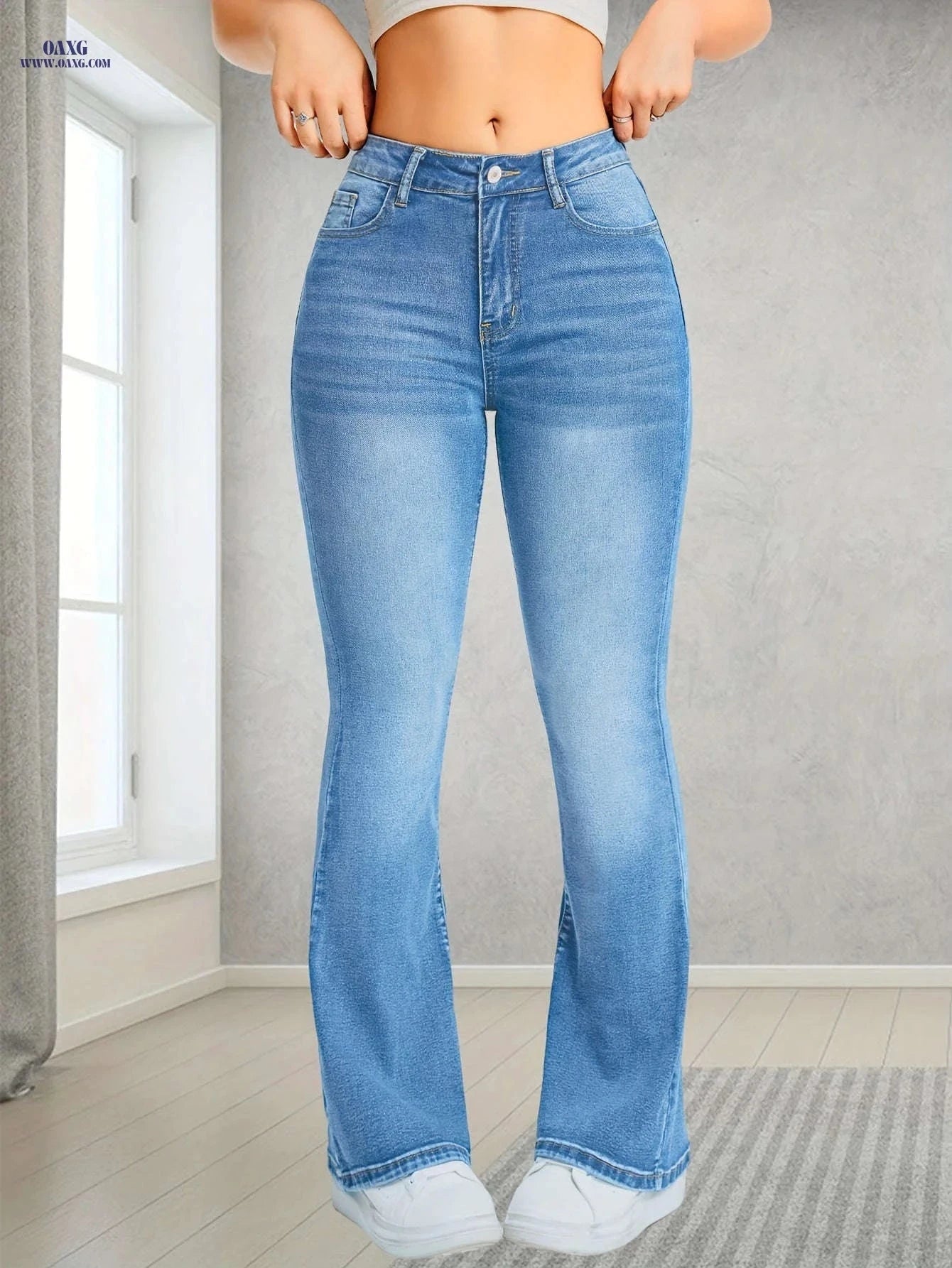 Light Blue Stretchy Flared Jeans for Women - High Waist, Casual Fit   OAXG Light Blue / XS