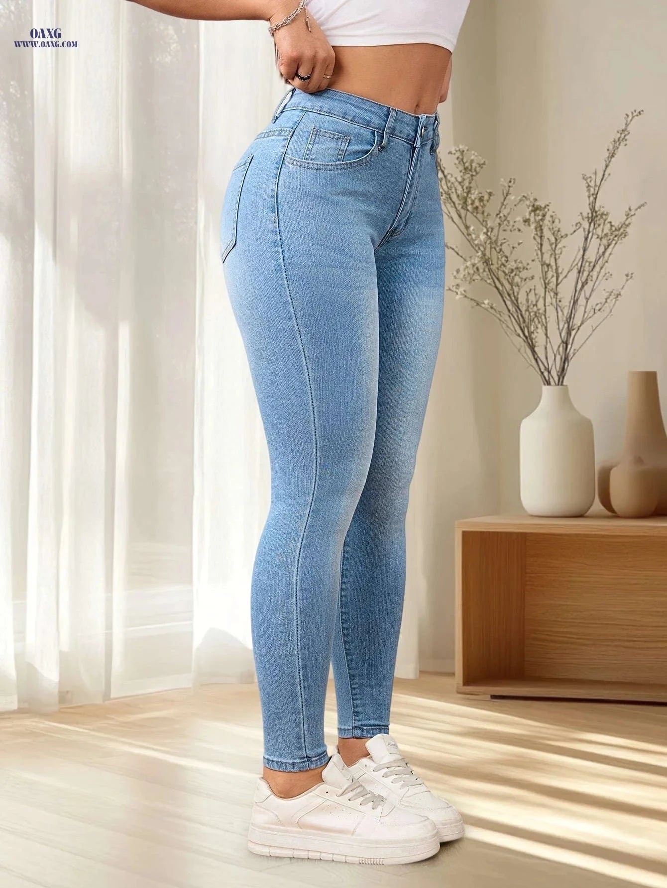 Light Blue Stretchy Leggings with Cat Whiskers - High Waist, Elegant Fit   OAXG 
