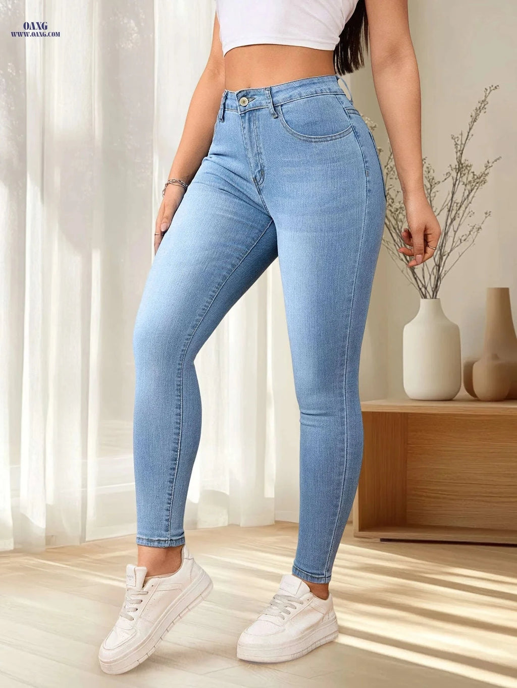 Light Blue Stretchy Leggings with Cat Whiskers - High Waist, Elegant Fit   OAXG Sky Blue / XS