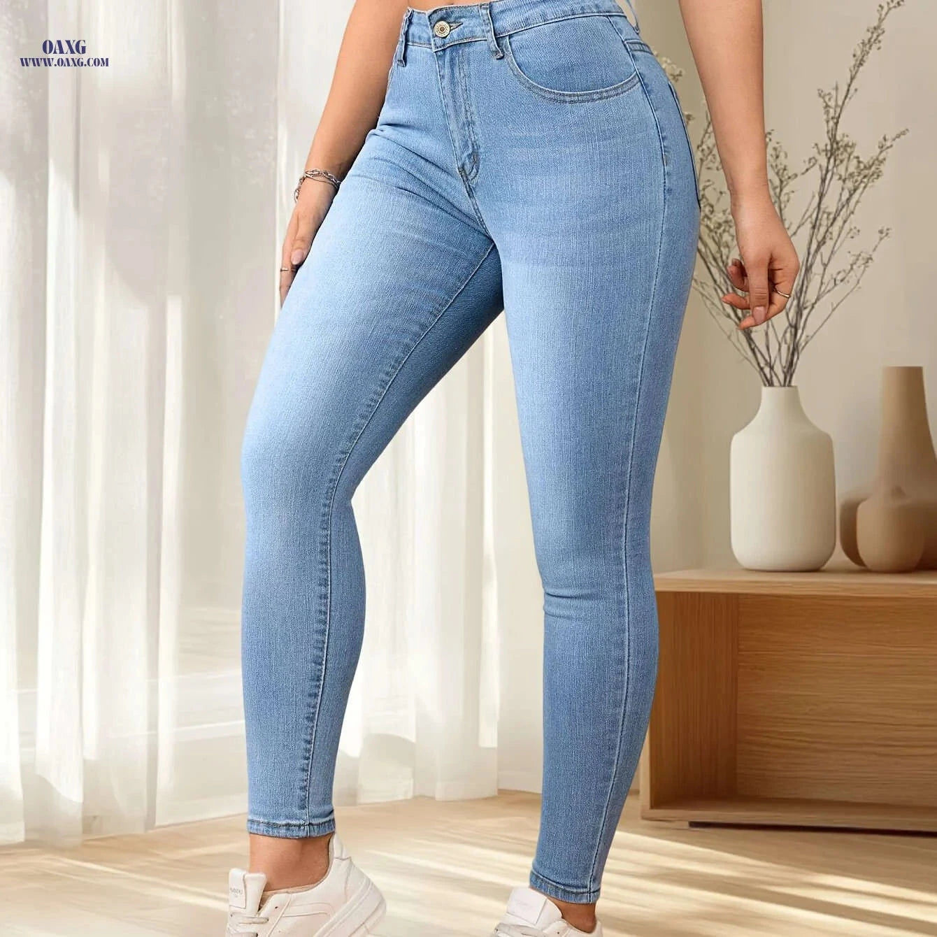 Light Blue Stretchy Leggings with Cat Whiskers - High Waist, Elegant Fit   OAXG Sky Blue / XS