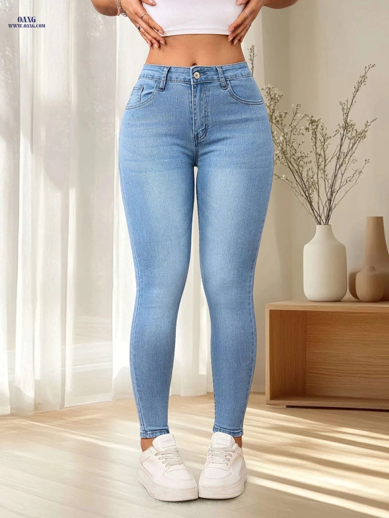 Light Blue Stretchy Leggings with Cat Whiskers - High Waist, Elegant Fit   OAXG Sky Blue / XS