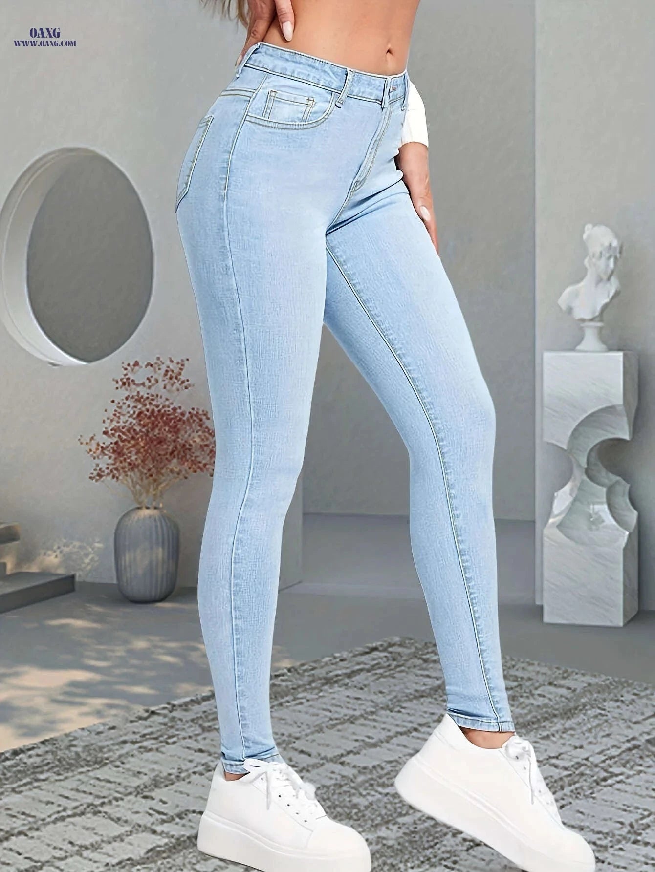 Light Blue Women's High Waist Stretch Skinny Jeans - Weekend Casual   OAXG 