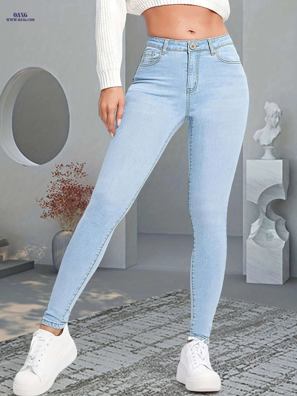 Light Blue Women's High Waist Stretch Skinny Jeans - Weekend Casual   OAXG Light Blue / XS