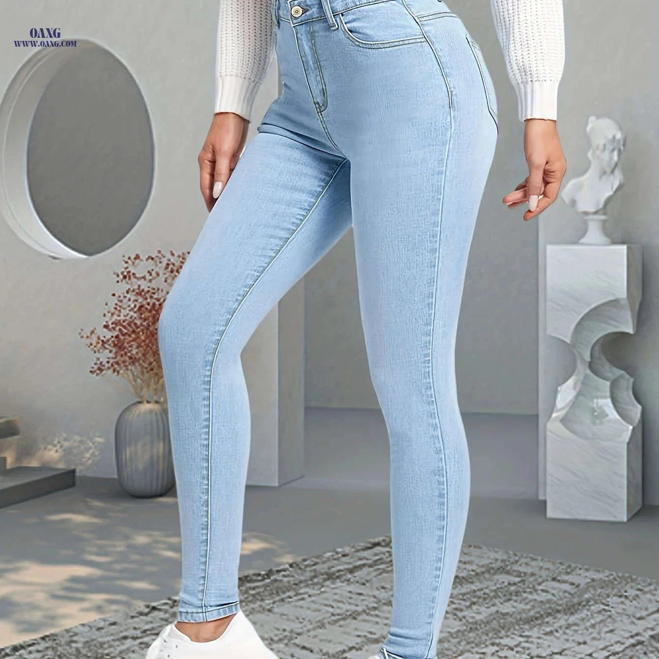 Light Blue Women's High Waist Stretch Skinny Jeans - Weekend Casual   OAXG Light Blue / XS