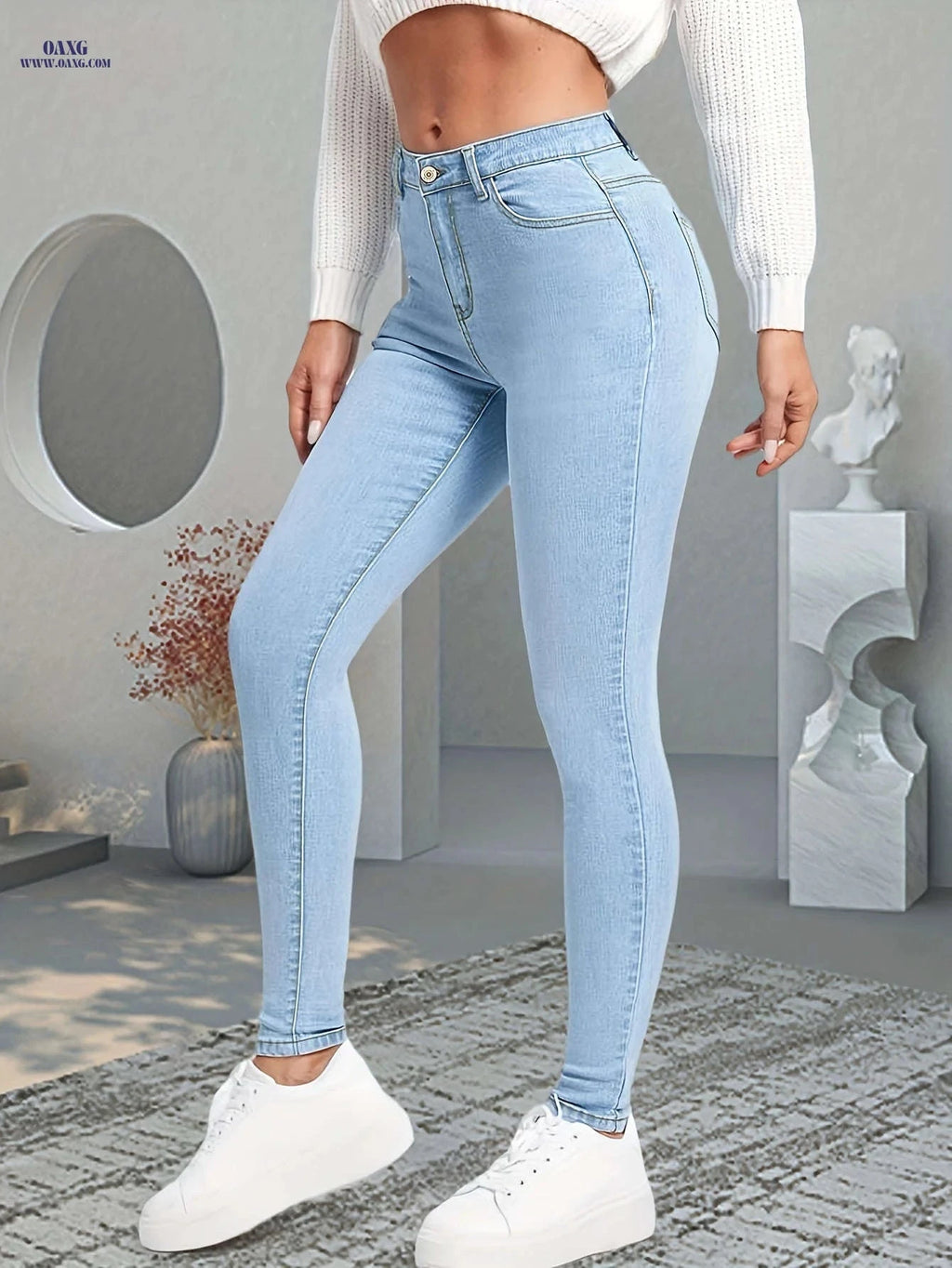 Light Blue Women's High Waist Stretch Skinny Jeans - Weekend Casual   OAXG Light Blue / XS