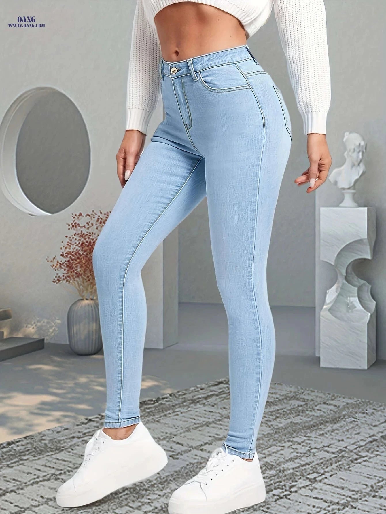 Light Blue Women's High Waist Stretch Skinny Jeans - Weekend Casual   OAXG Light Blue / XS