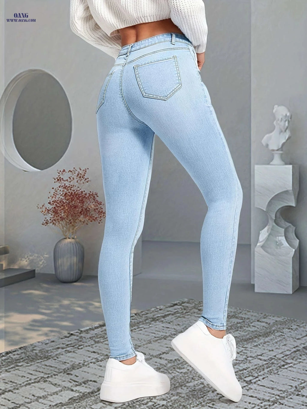 Light Blue Women's High Waist Stretch Skinny Jeans - Weekend Casual   OAXG Light Blue / XS