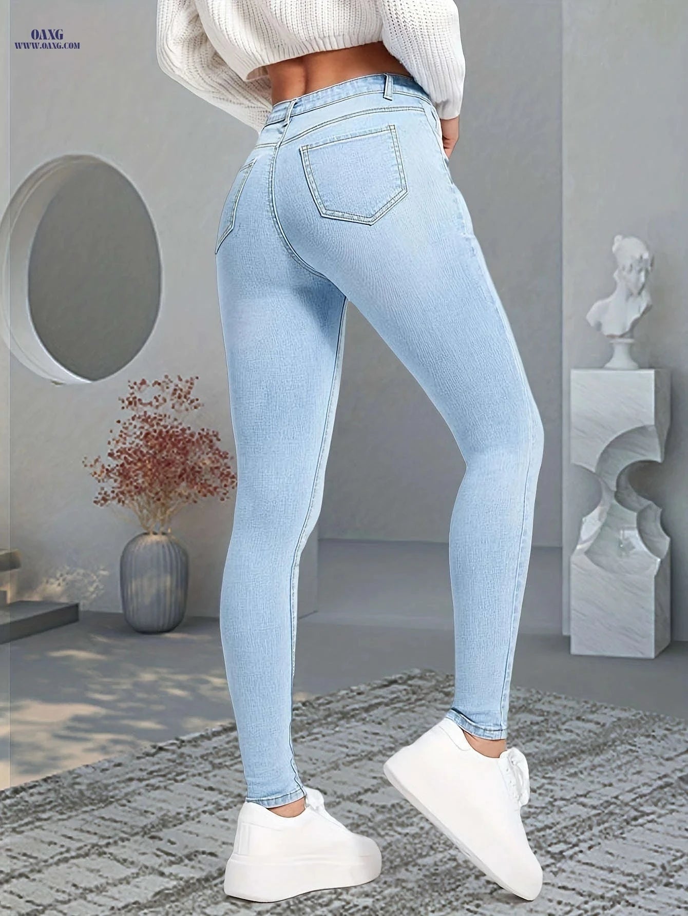 Light Blue Women's High Waist Stretch Skinny Jeans - Weekend Casual   OAXG Light Blue / XS
