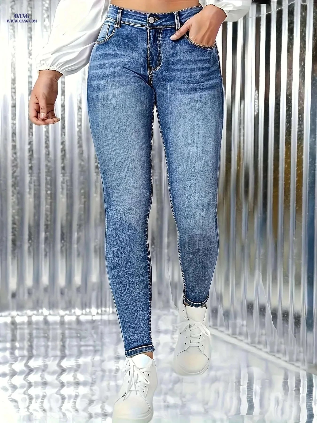 Light Blue Women's Skinny Jeans - High Stretch & Mid-Rise Comfort   OAXG Sky Blue / XS