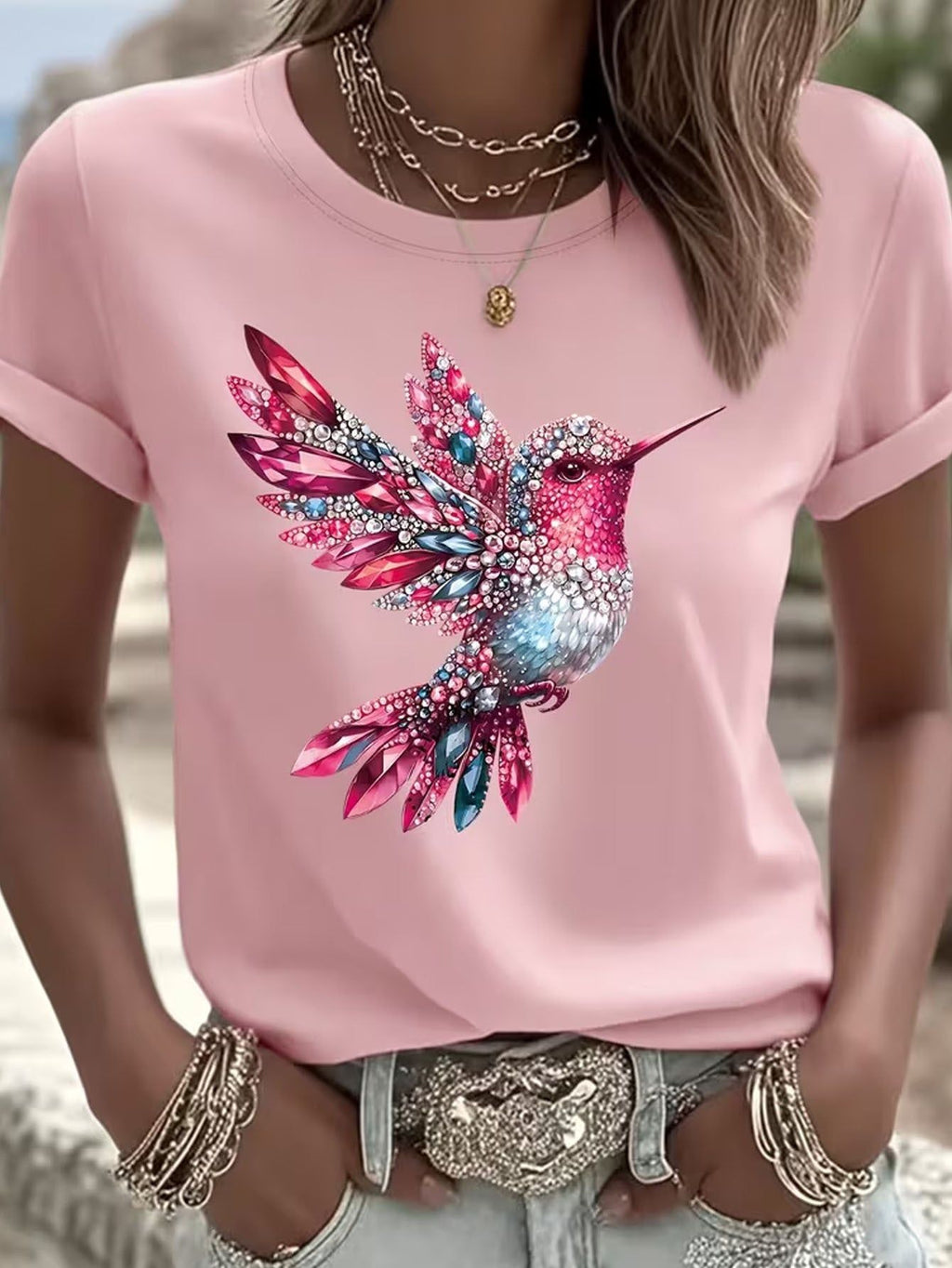 Light Luxury Faux Diamond Hummingbird Flat Print Short Sleeve T-shirt, Regular Fit Crew Neck, Spring/summer Women's Wear, Outdoor Fashion Casual, Lightweight and Breathable Fabric, Suitable as a Gift for Daughter, Sister, Birthday, Best Friend