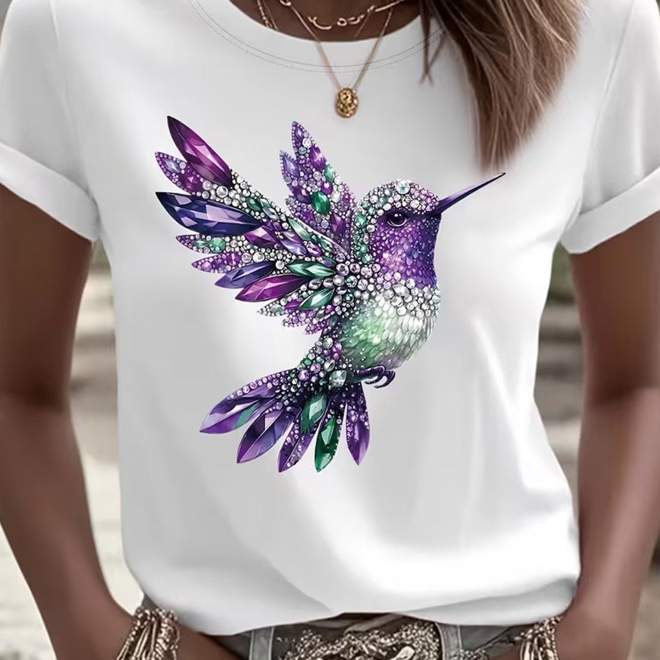Light Luxury Faux Diamond Hummingbird Flat Print Short Sleeve T-shirt, Regular Fit Crew Neck, Spring/summer Women's Wear, Outdoor Fashion Casual, Lightweight and Breathable Fabric, Suitable as a Gift for Daughter, Sister, Birthday, Best Friend