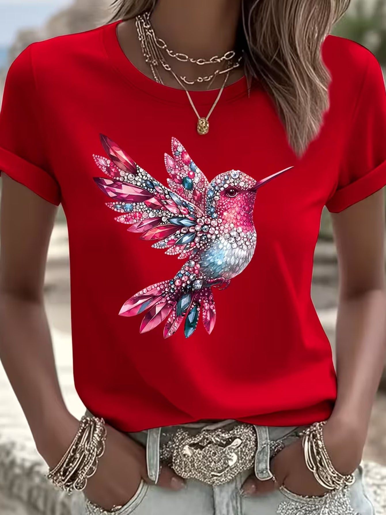 Light Luxury Faux Diamond Hummingbird Flat Print Short Sleeve T-shirt, Regular Fit Crew Neck, Spring/summer Women's Wear, Outdoor Fashion Casual, Lightweight and Breathable Fabric, Suitable as a Gift for Daughter, Sister, Birthday, Best Friend