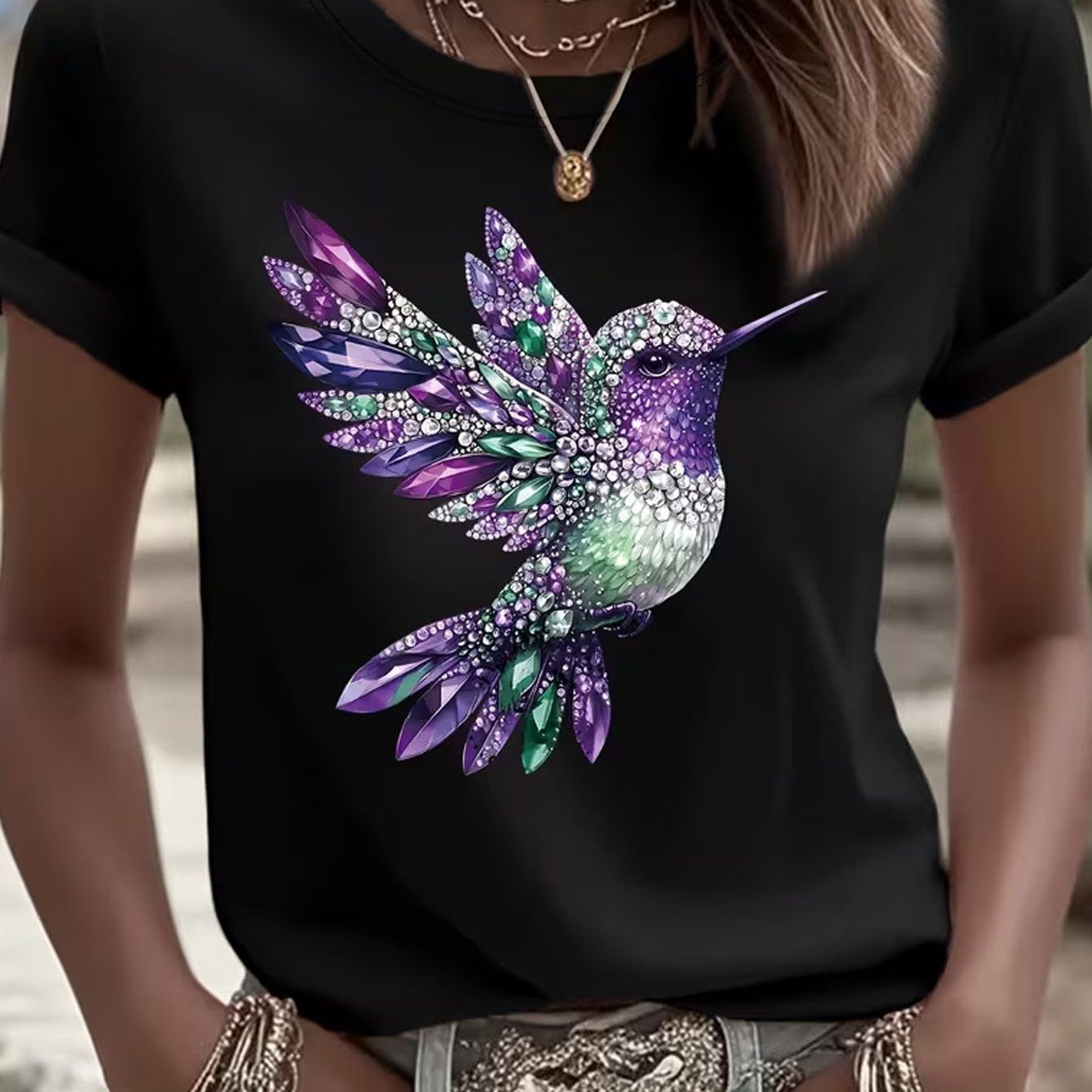 Light Luxury Faux Diamond Hummingbird Flat Print Short Sleeve T-shirt, Regular Fit Crew Neck, Spring/summer Women's Wear, Outdoor Fashion Casual, Lightweight and Breathable Fabric, Suitable as a Gift for Daughter, Sister, Birthday, Best Friend