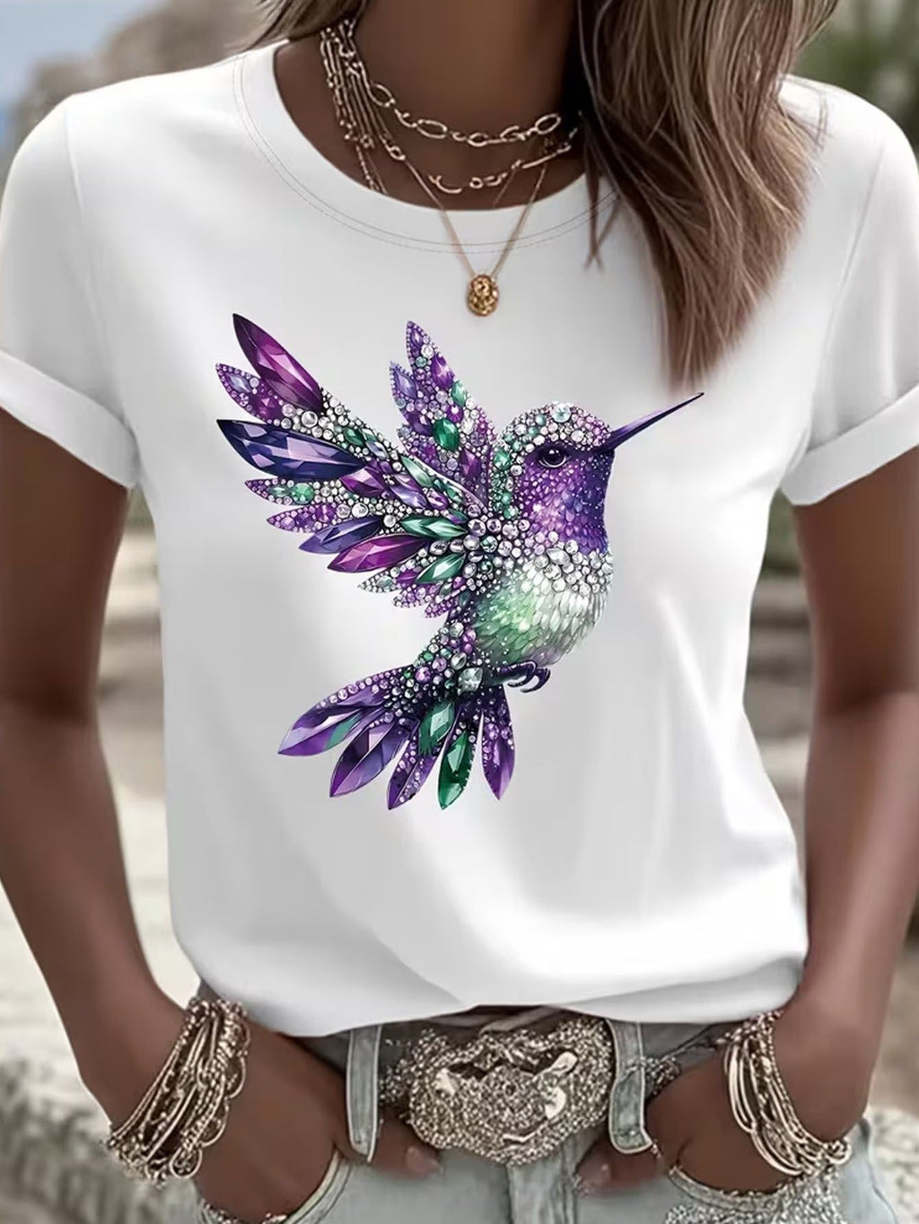 Light Luxury Faux Diamond Hummingbird Flat Print Short Sleeve T-shirt, Regular Fit Crew Neck, Spring/summer Women's Wear, Outdoor Fashion Casual, Lightweight and Breathable Fabric, Suitable as a Gift for Daughter, Sister, Birthday, Best Friend