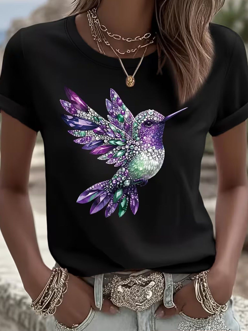 Light Luxury Faux Diamond Hummingbird Flat Print Short Sleeve T-shirt, Regular Fit Crew Neck, Spring/summer Women's Wear, Outdoor Fashion Casual, Lightweight and Breathable Fabric, Suitable as a Gift for Daughter, Sister, Birthday, Best Friend