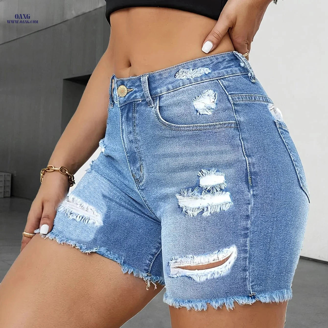 Light Ripped Elastic Shorts - Casual Cotton Blend for Spring/Summer   OAXG 