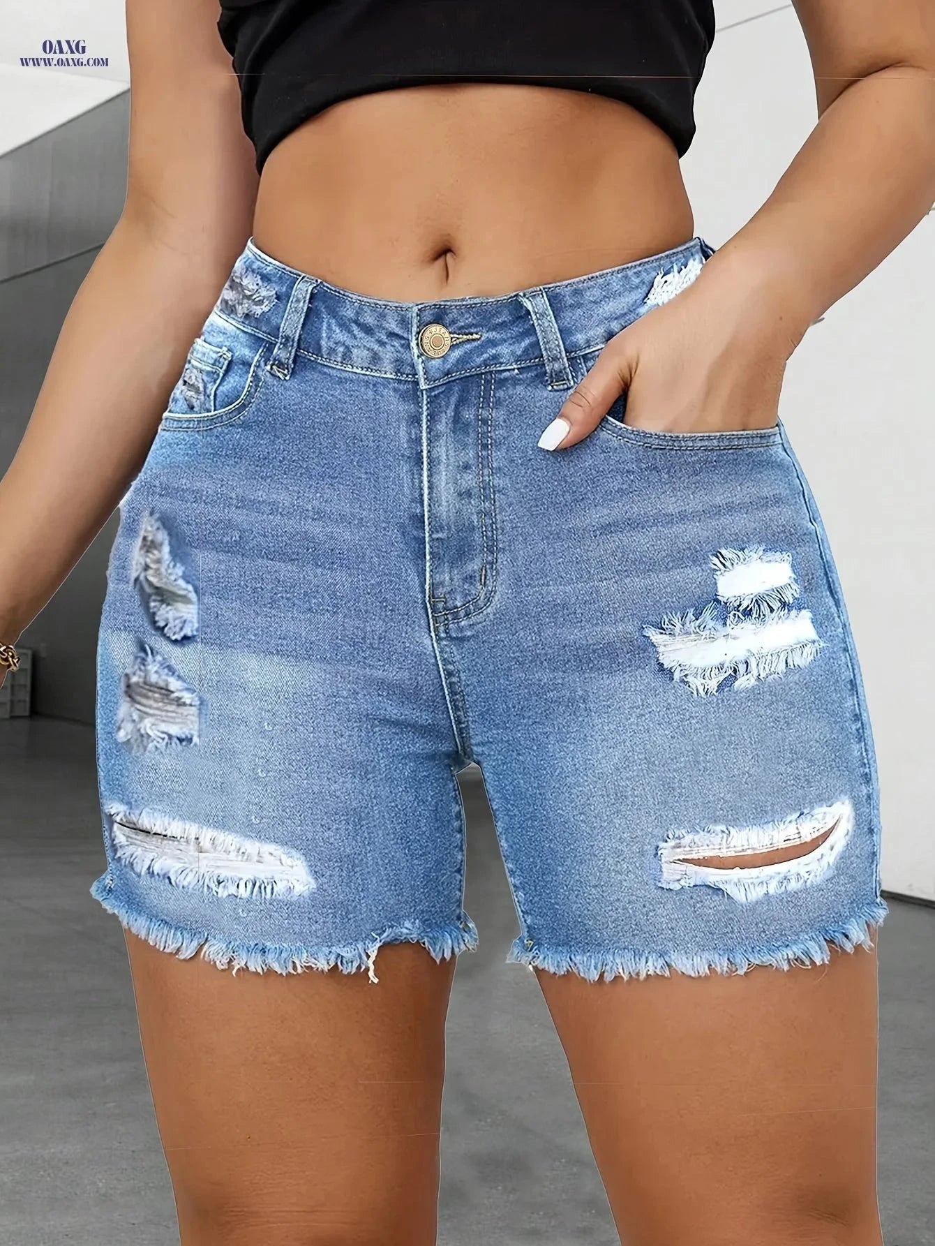 Light Ripped Elastic Shorts - Casual Cotton Blend for Spring/Summer   OAXG 