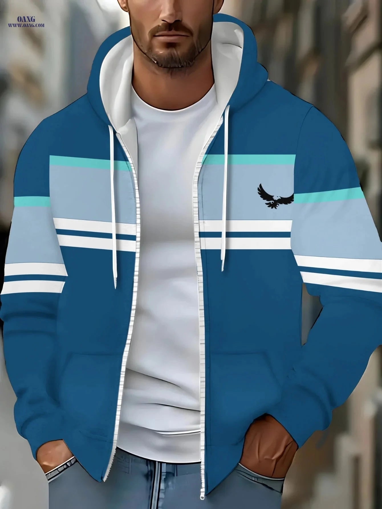 Lightweight Blue Polyester Hoodie - Striped Design for Casual Wear   OAXG 