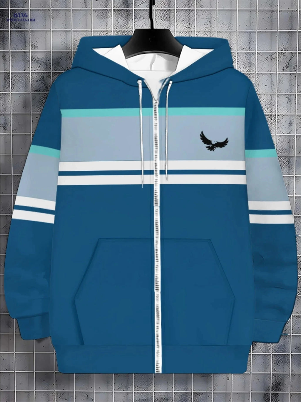 Lightweight Blue Polyester Hoodie - Striped Design for Casual Wear   OAXG 