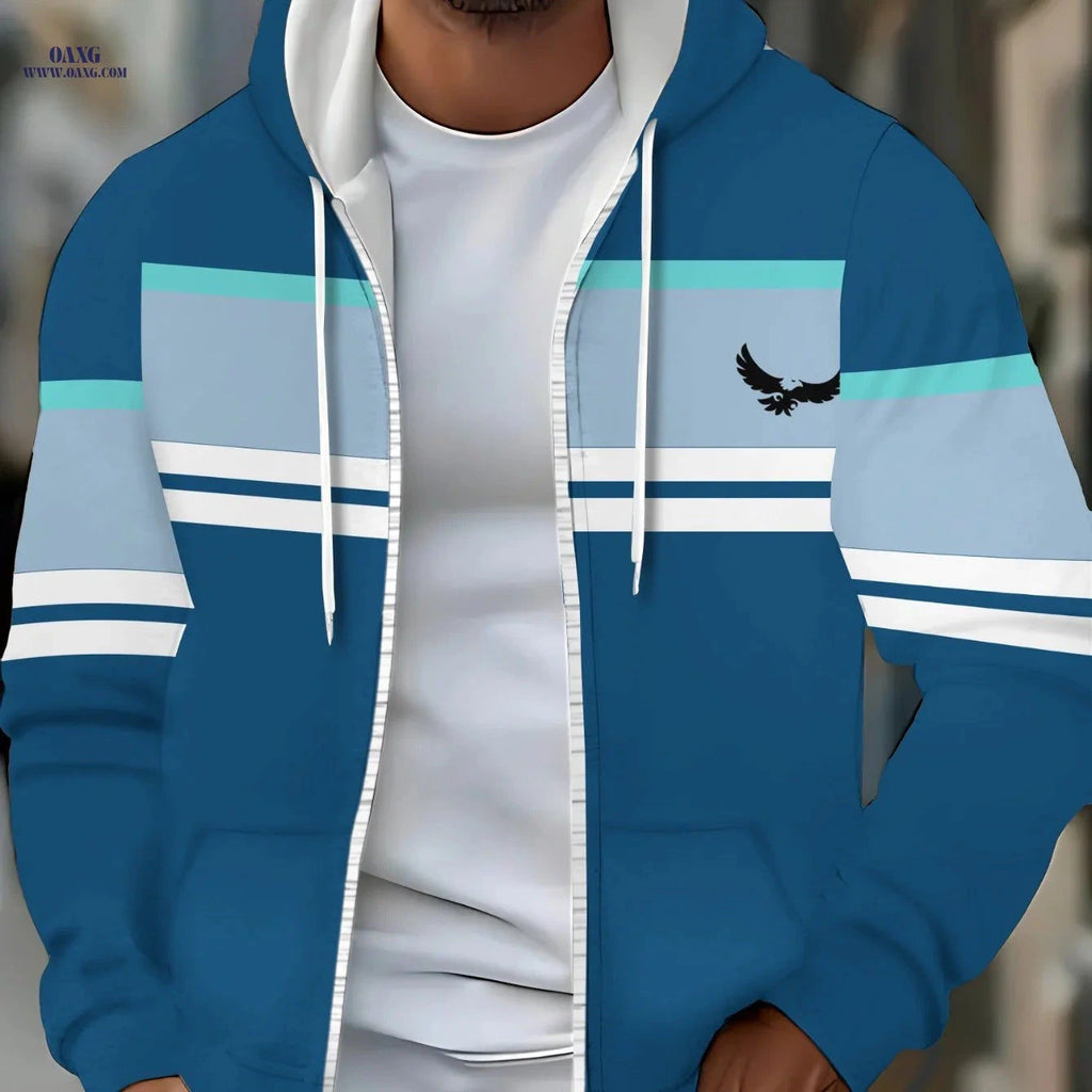 Lightweight Blue Polyester Hoodie - Striped Design for Casual Wear   OAXG 