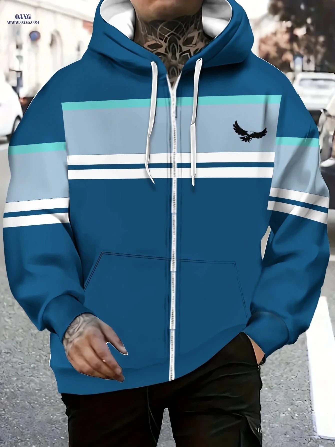 Lightweight Blue Polyester Hoodie - Striped Design for Casual Wear   OAXG 【Multicolor】 / FR M