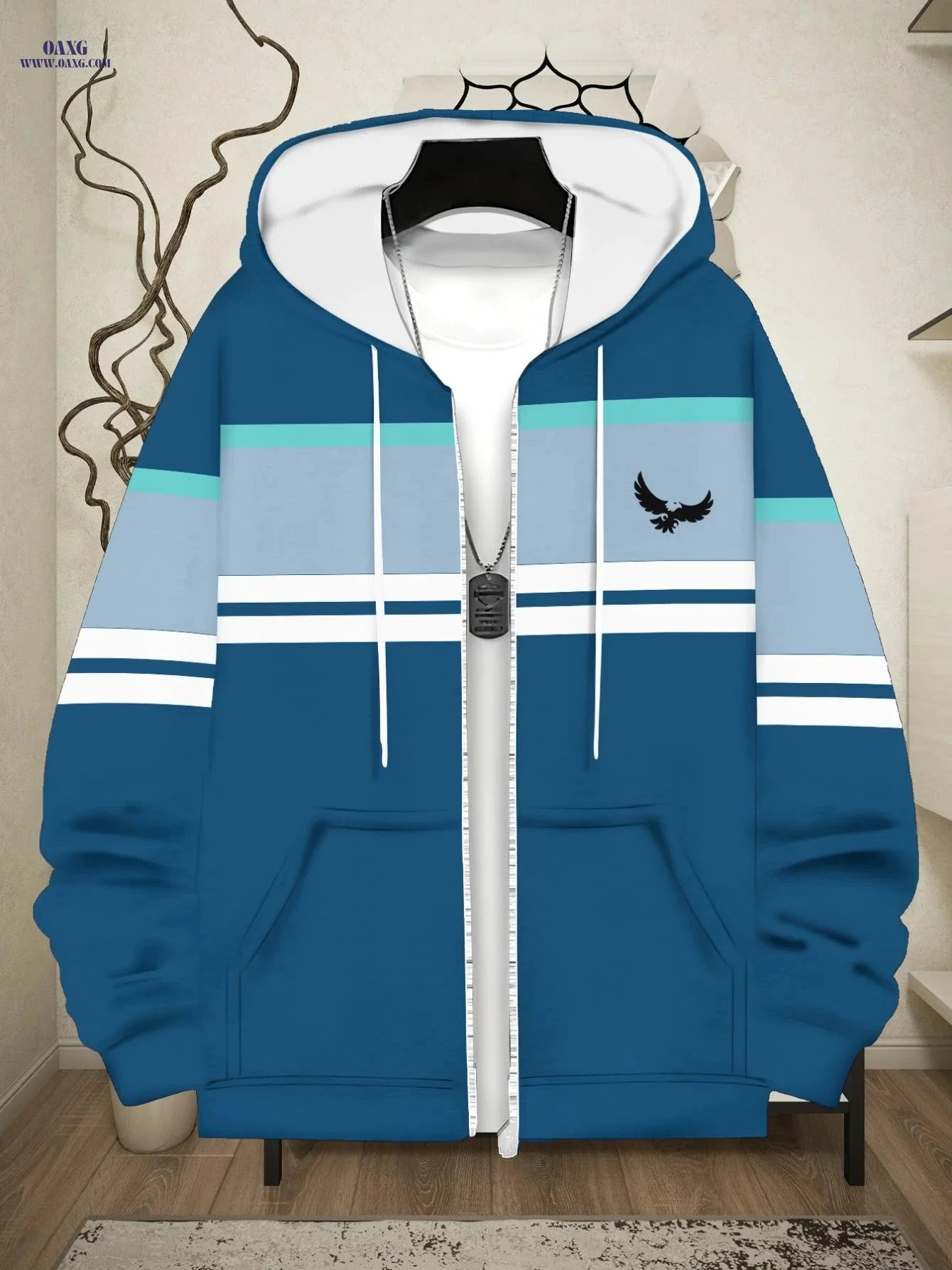 Lightweight Blue Polyester Hoodie - Striped Design for Casual Wear   OAXG 