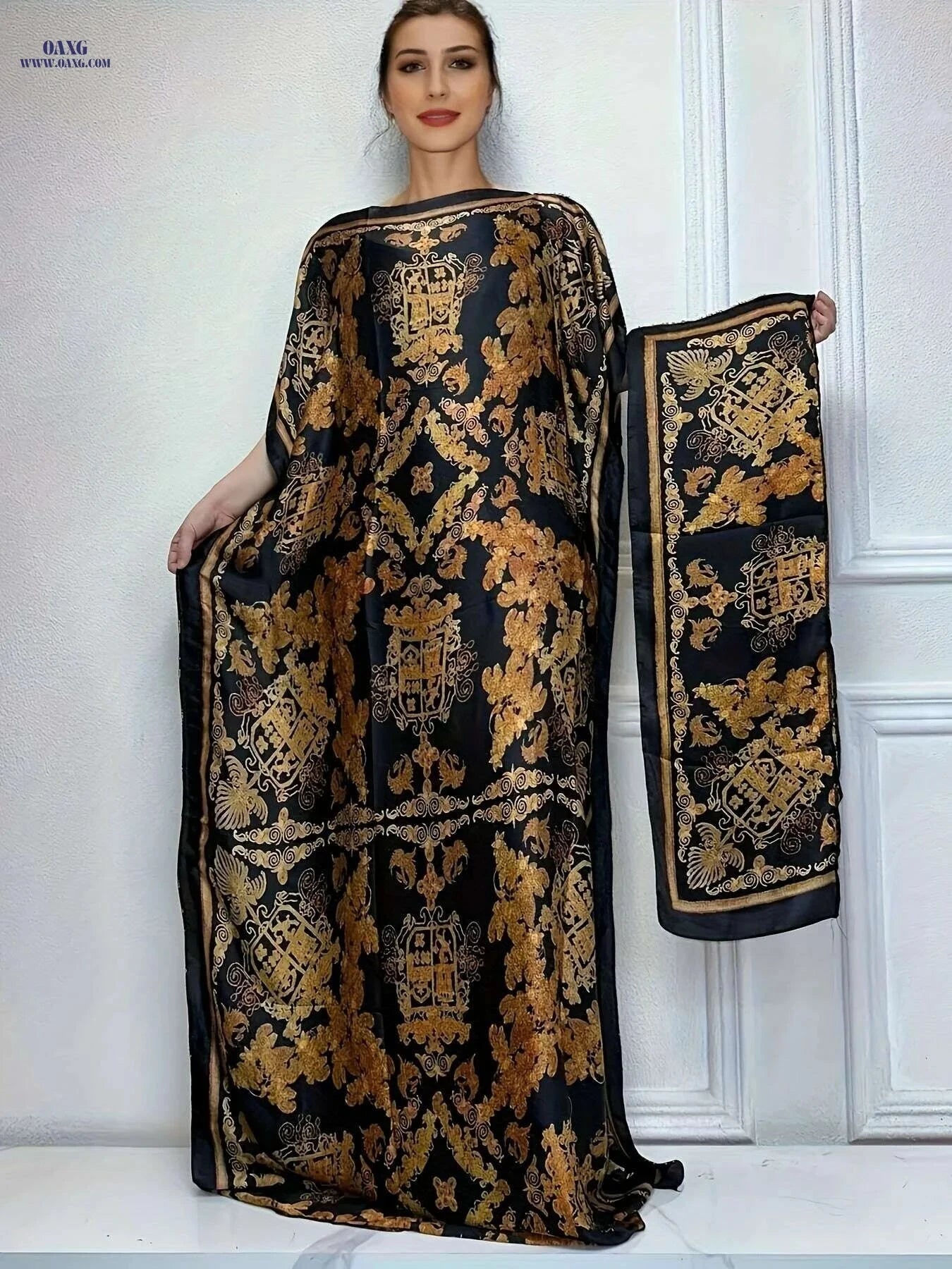 Lightweight Floral Print Abaya Dress - Women's Maxi with Scarf   OAXG Black / One-size