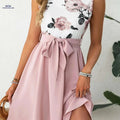Lightweight French V-Neck Sleeveless Dress - Adjustable Waist Tie   OAXG Pink Red Color / S