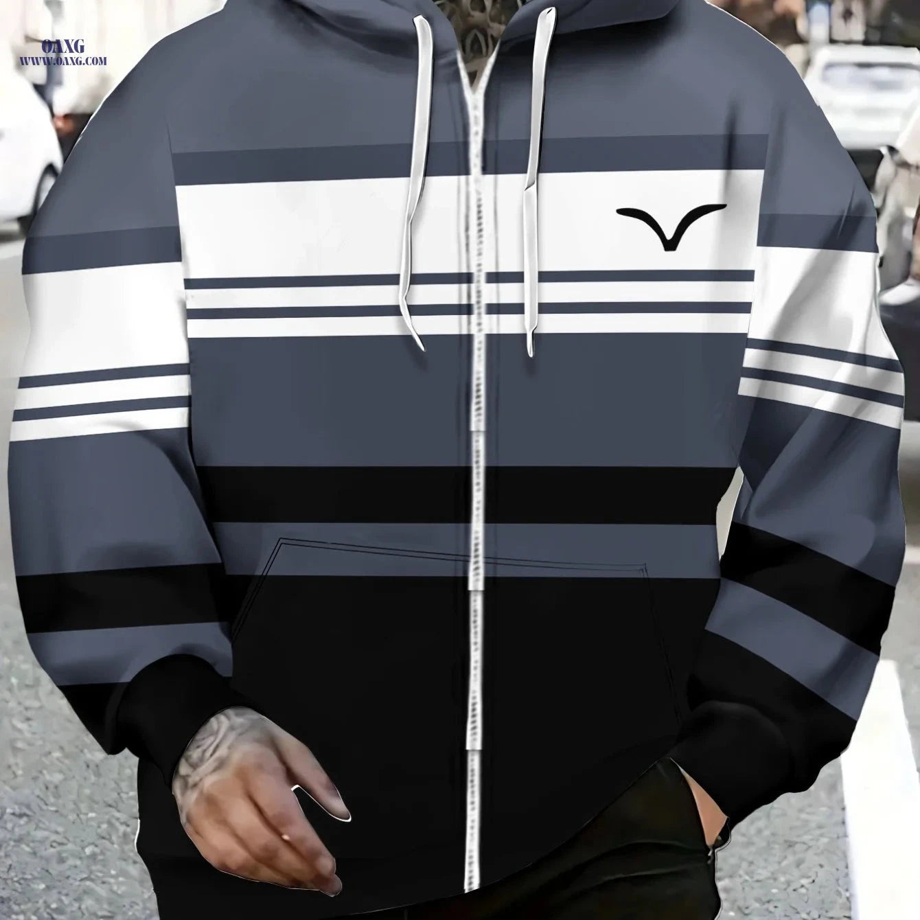 Lightweight Gray and White Striped Hoodie for Outdoor Sports Events   OAXG 