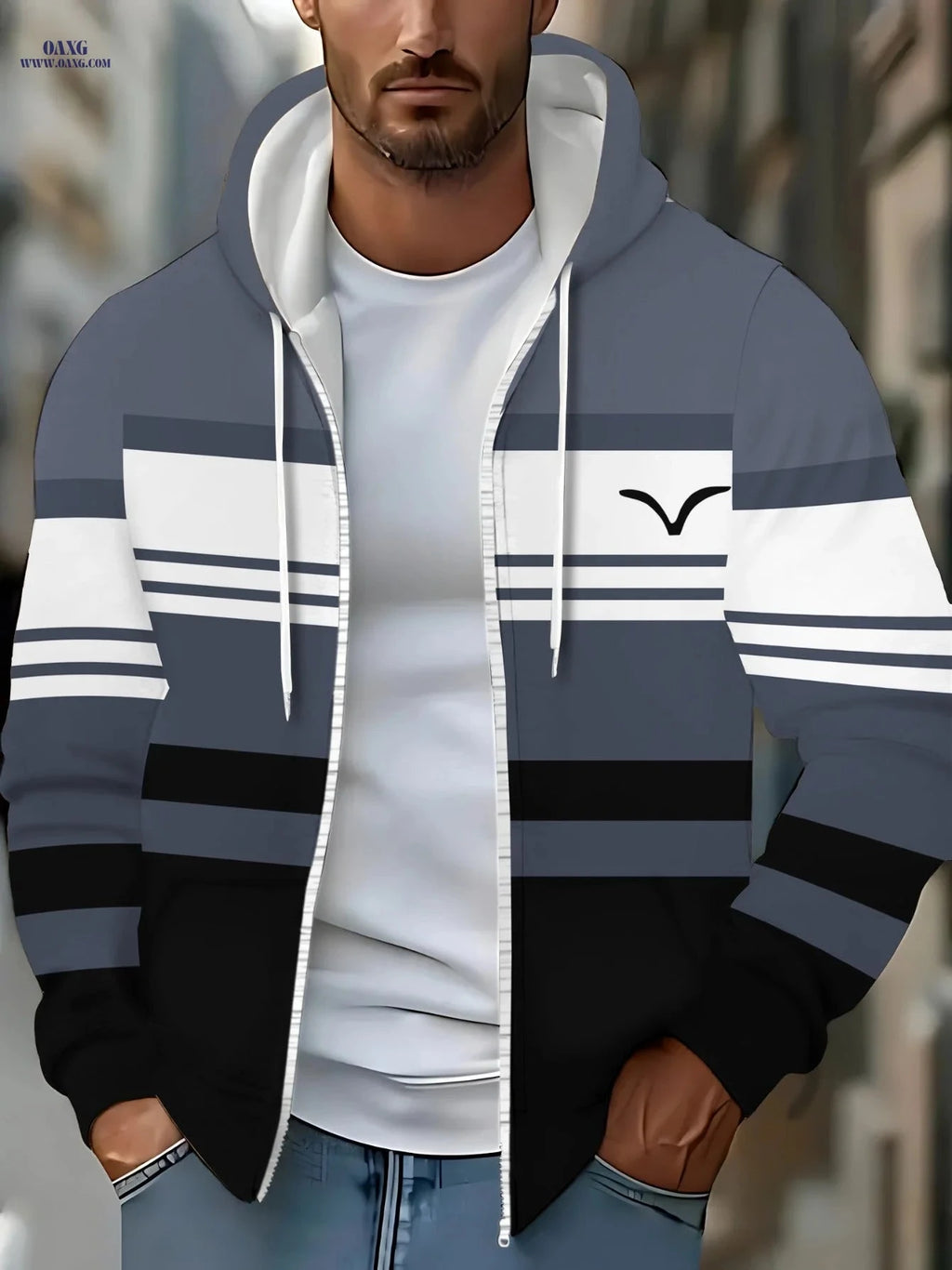 Lightweight Gray and White Striped Hoodie for Outdoor Sports Events   OAXG Multicolor / FR M