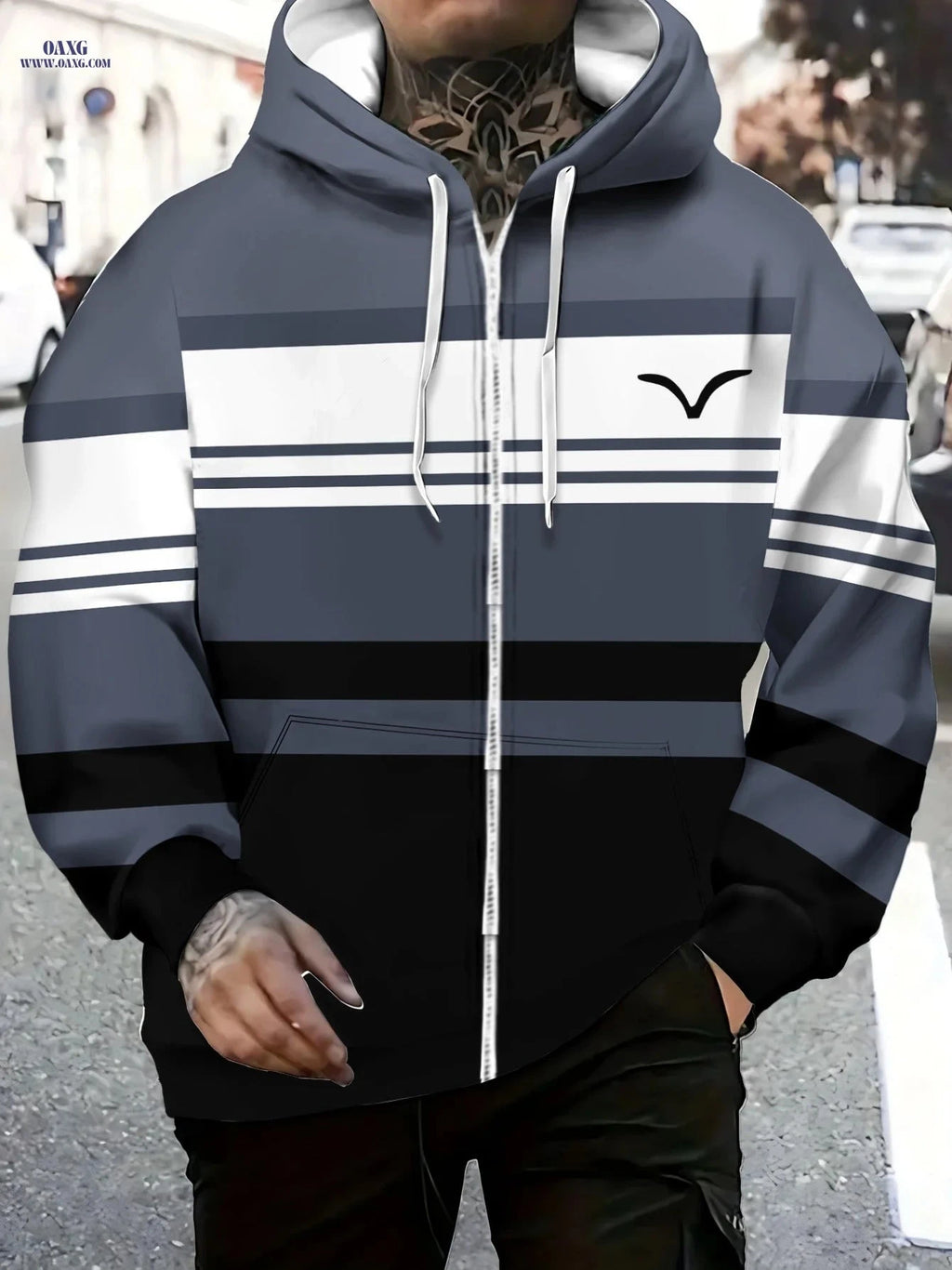 Lightweight Gray and White Striped Hoodie for Outdoor Sports Events   OAXG Multicolor / FR M