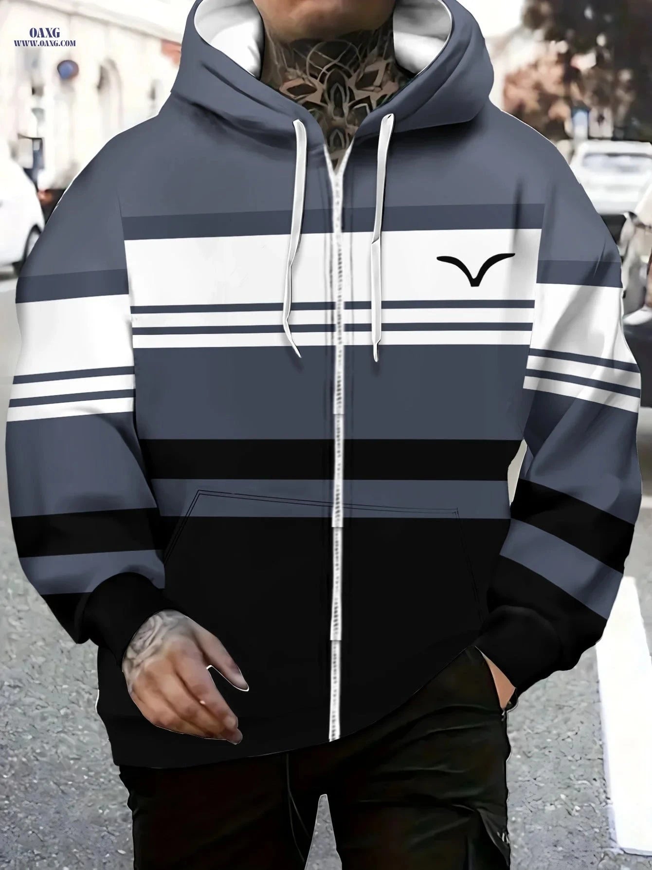 Lightweight Gray and White Striped Hoodie for Outdoor Sports Events   OAXG Multicolor / FR M