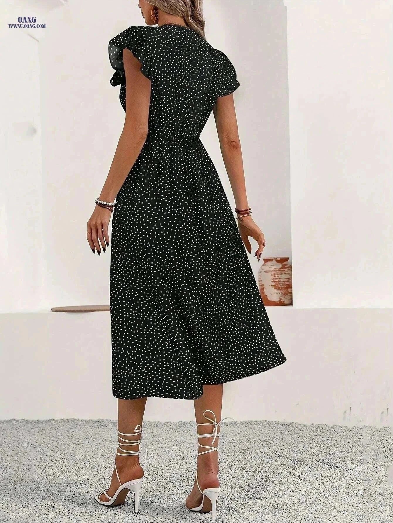 Lightweight Green V-Neck Maxi Dress - Polka Dot A-Line Summer Style   OAXG Red / S