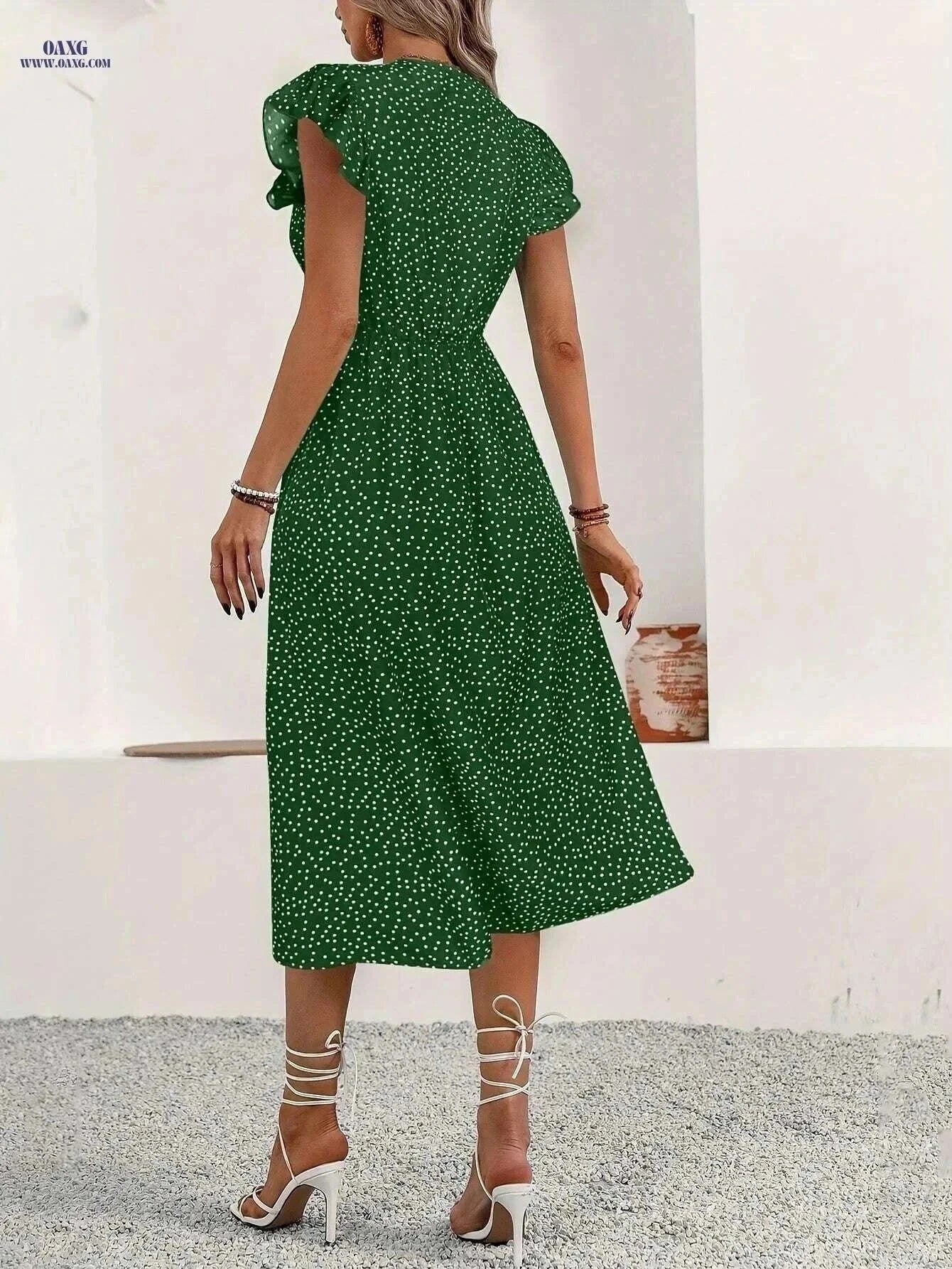 Lightweight Green V-Neck Maxi Dress - Polka Dot A-Line Summer Style   OAXG Red / S
