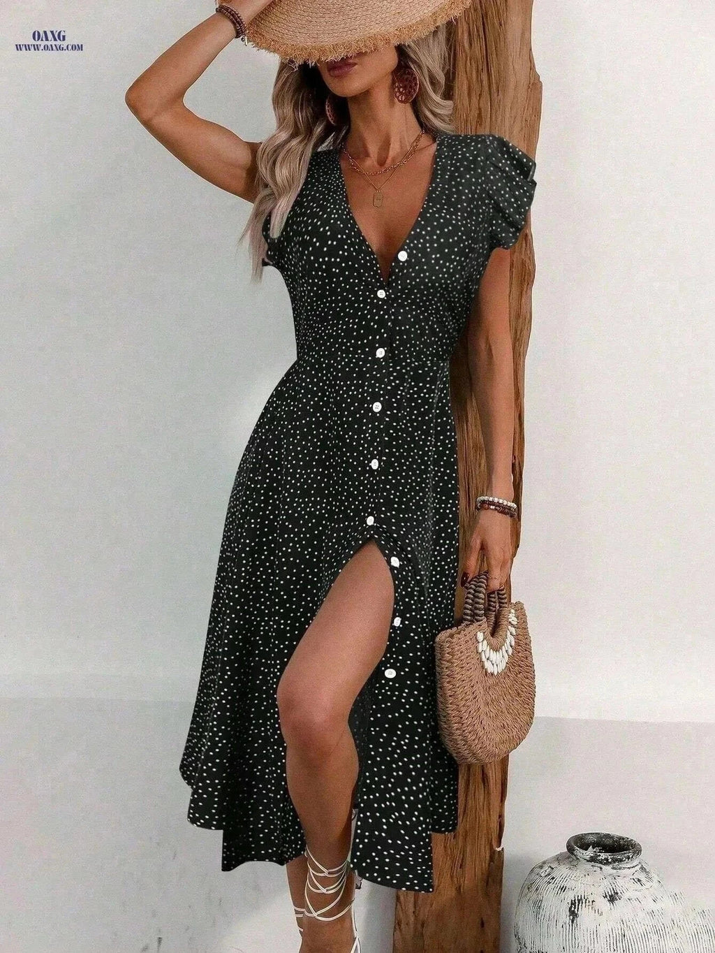 Lightweight Green V-Neck Maxi Dress - Polka Dot A-Line Summer Style   OAXG Red / S