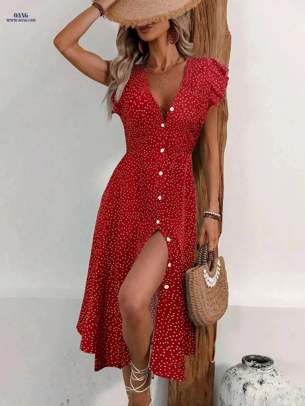 Lightweight Green V-Neck Maxi Dress - Polka Dot A-Line Summer Style   OAXG Red / S