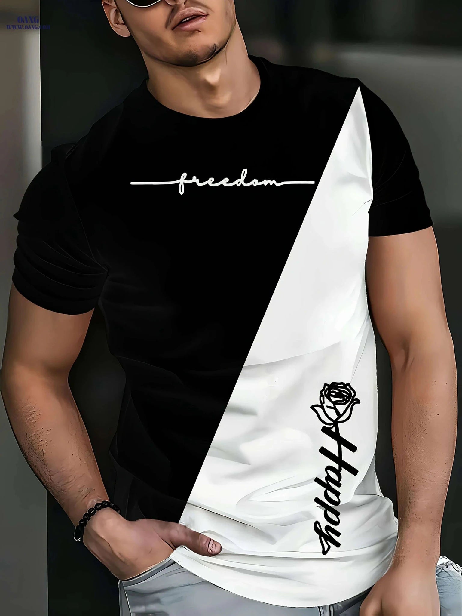 Lightweight Men's Color Block Tee - Stylish Black & White Crewneck   OAXG 