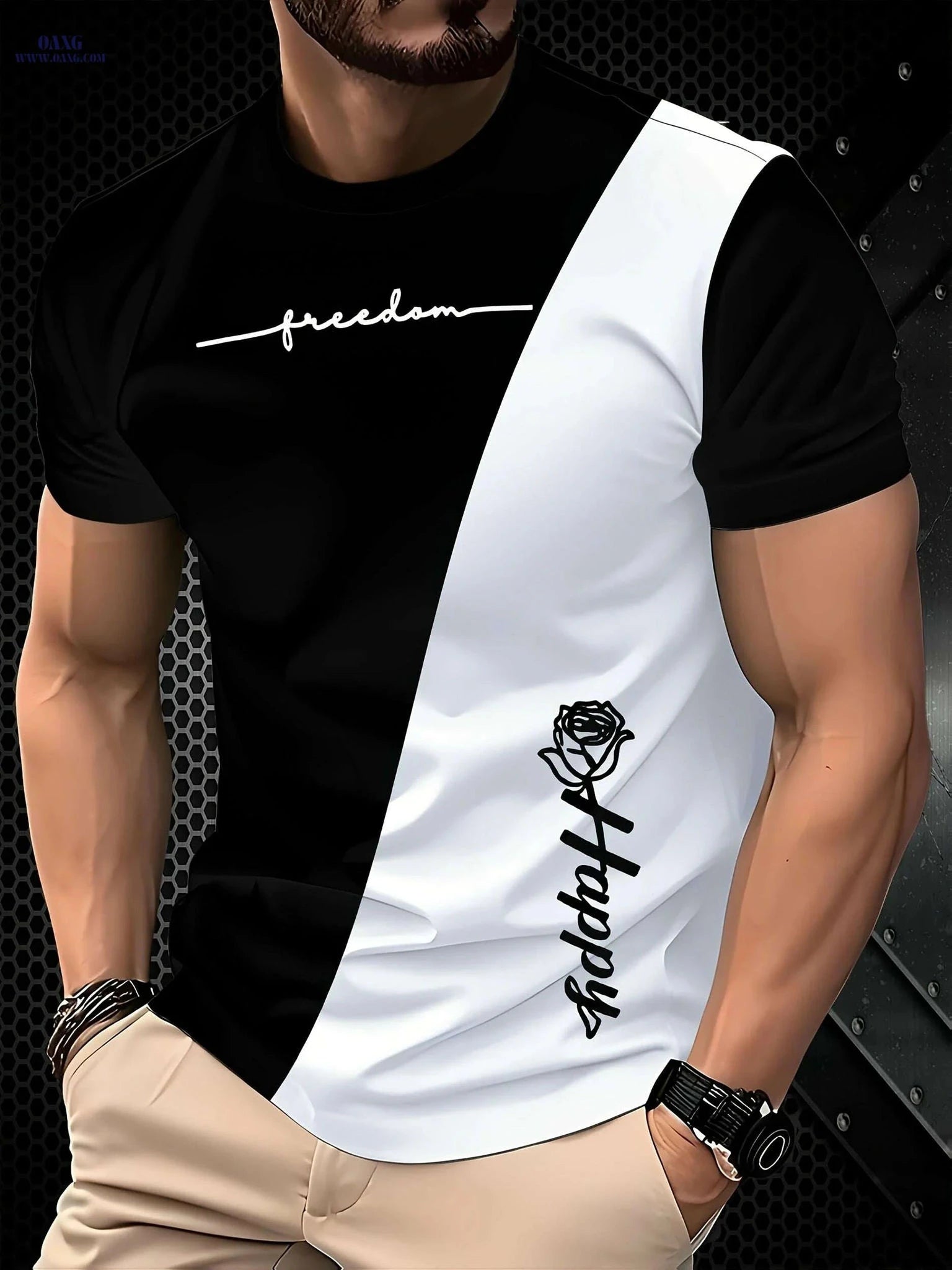 Lightweight Men's Color Block Tee - Stylish Black & White Crewneck   OAXG Mixed Color / XXS