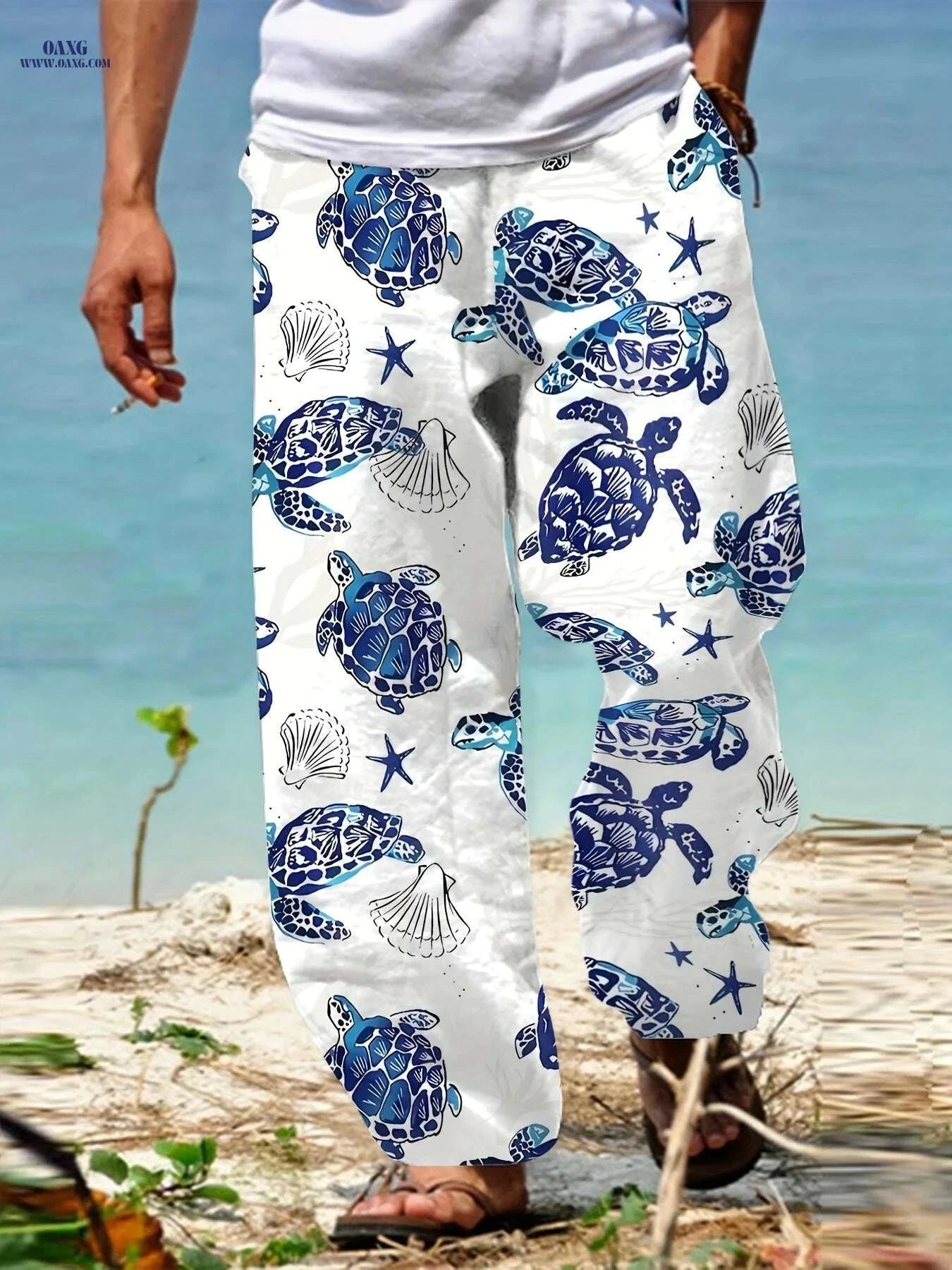 Lightweight Men's Summer Beach Pants - Casual Turtles Pattern Drawstring   OAXG White / M