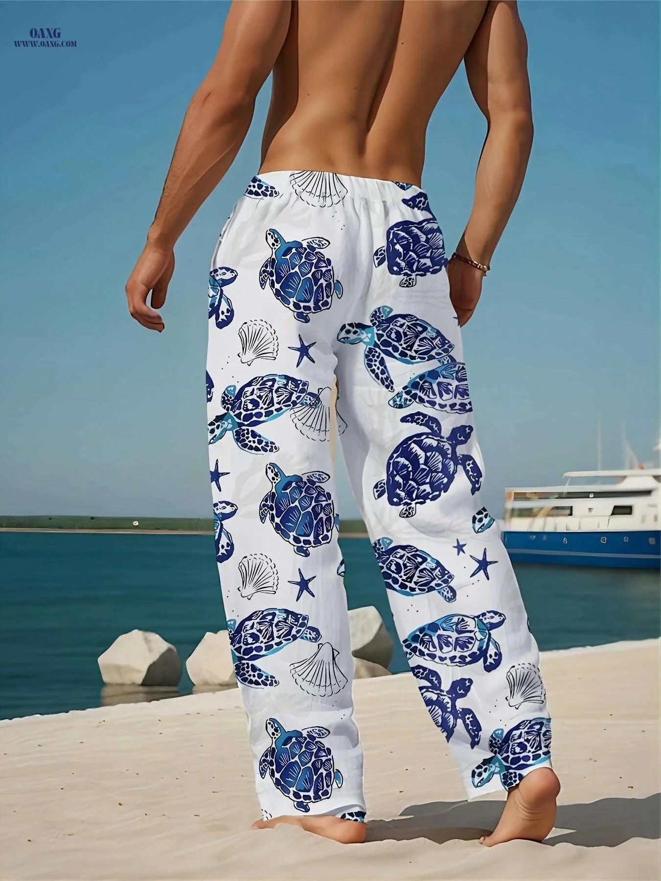 Lightweight Men's Summer Beach Pants - Casual Turtles Pattern Drawstring   OAXG White / M