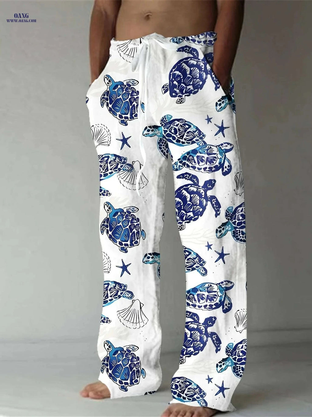 Lightweight Men's Summer Beach Pants - Casual Turtles Pattern Drawstring   OAXG White / M