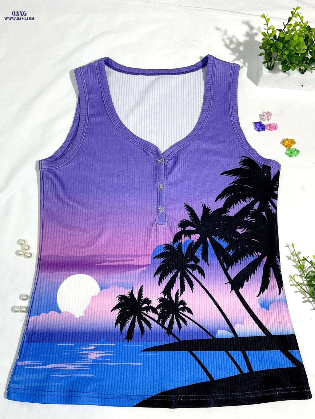 Lightweight Tropical Women's Sleeveless Button-Front Top - Spring Fashion   OAXG Dark Violet / XS